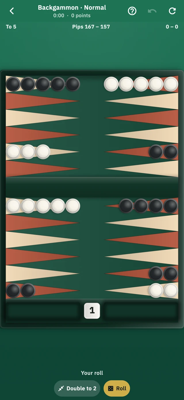 A game of backgammon in progress, the checkers spread across the points with the doubling cube and the pip count beside the board.