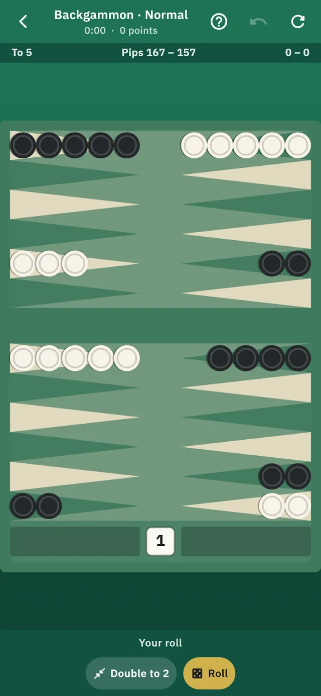 A backgammon board mid-game, showing checkers on the points and the doubling cube.