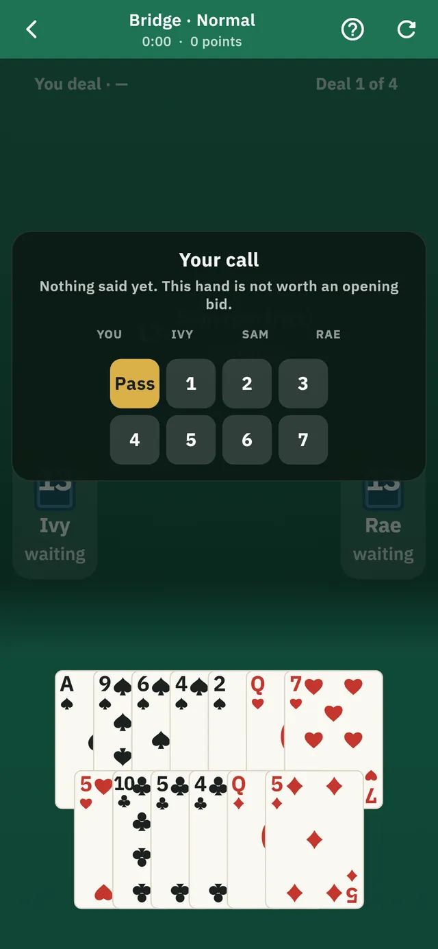 The bidding round of a Bridge deal, with the call panel open above the hand.