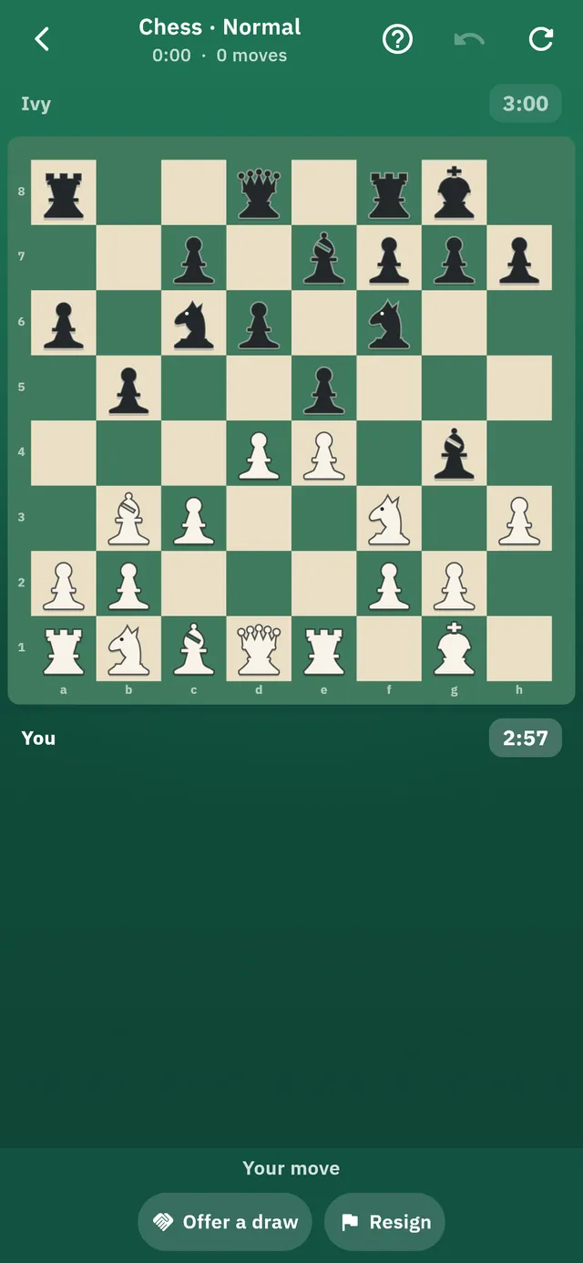 A chess game in progress against a computer opponent, with a move clock for each side.
