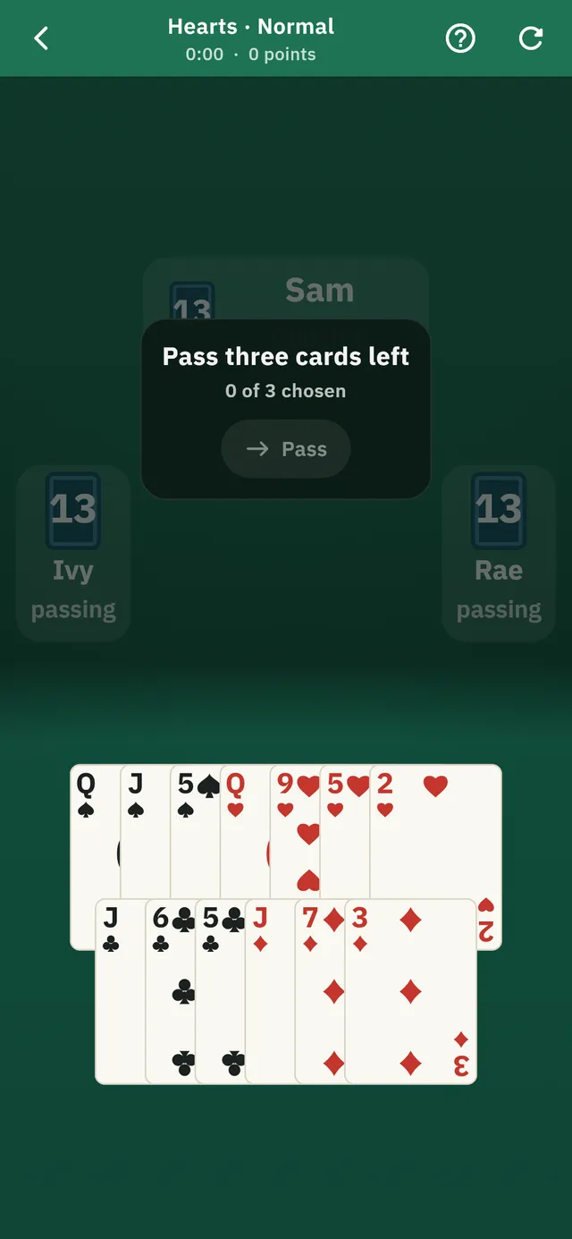 A hand of Hearts being played against three computer opponents.