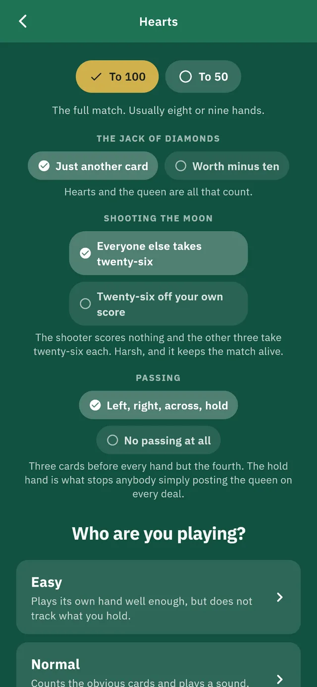 The house rules screen for Hearts, offering choices for target score, the jack of diamonds, shooting the moon, and passing.
