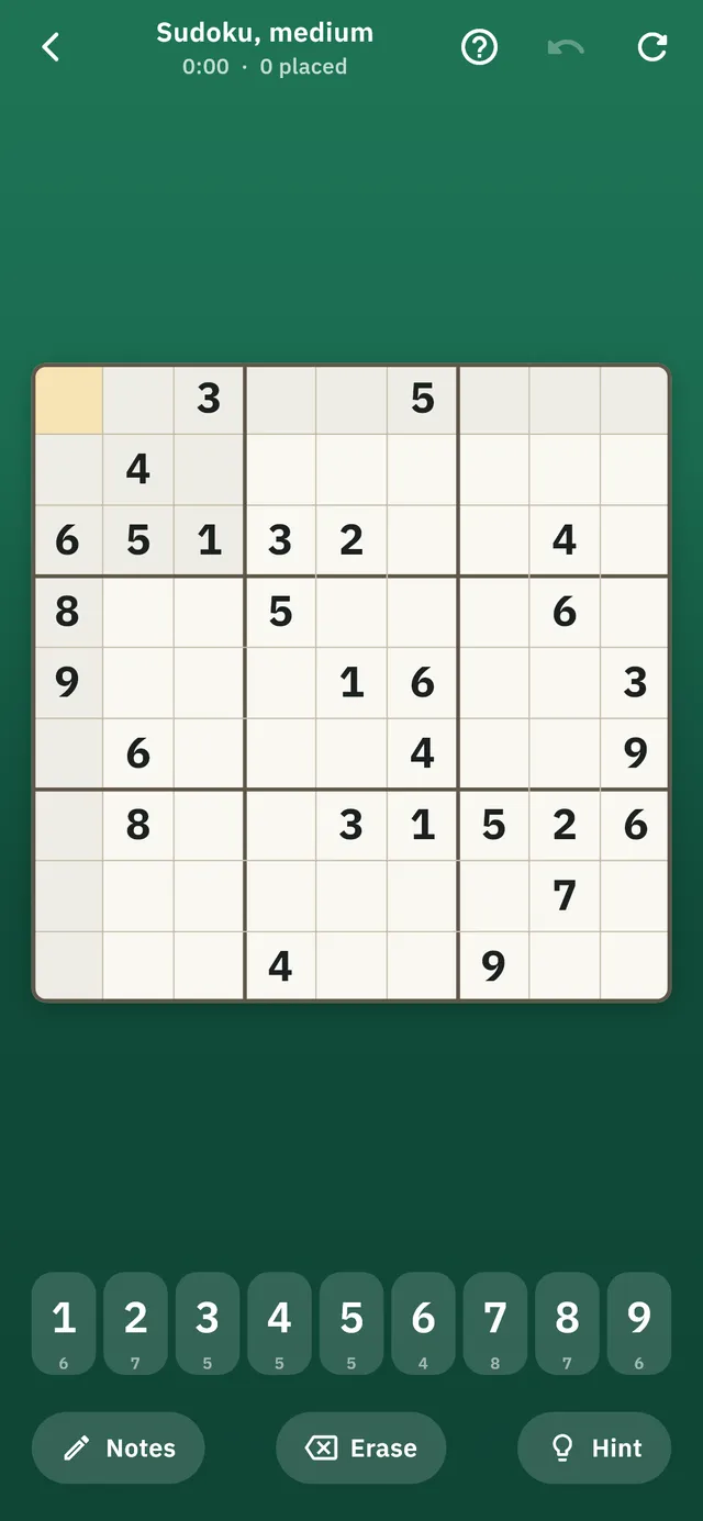 A partially completed Sudoku puzzle with the number pad below the grid.